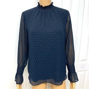 Ann Taylor Navy long sleeve Smocked Shimmer Top Blouse Women’s size S